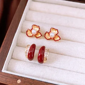 French vintage 18k gold plated flower pearl earrings and red C-shape zircon stud set