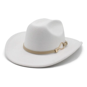 White wool felt western cowboy hat with brown leather band and gold buckle detail