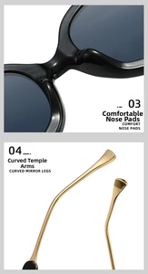 Detail of comfortable nose pads and golden curved metal legs on black sunglasses