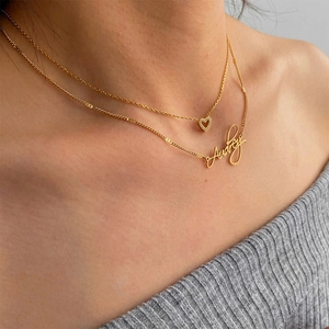 Collier double épaisseur en acier inoxydable doré avec prénom Audrey et pendentif cœur