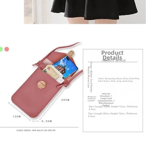 Detail view of pink crossbody phone bag with dimensions 20x12x0.5cm and multi-color options