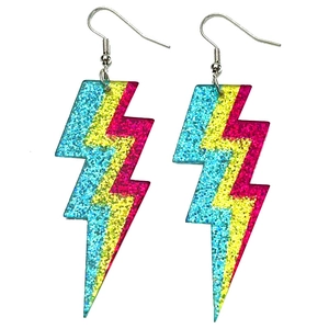 Fluorescent glitter lightning bolt drop earrings with iridescent rainbow gradient effect
