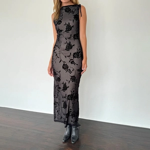 Elegant sleeveless black floral flocked mesh maxi dress with a slim-fit retro silhouette