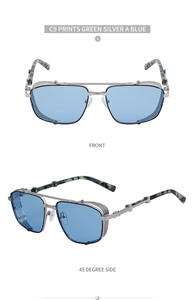 Steampunk silver metal frame sunglasses with blue lenses and green camo temples