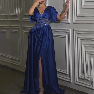 Elegant navy blue satin evening gown with sequined high waist and sexy high slit