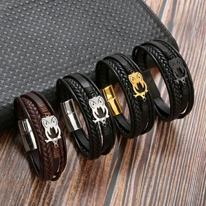 Men Leather Bracelet Woven Multilayer Stainless Steel Owl Charm Magnetic Clasp Punk Rock Jewelry