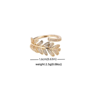18K gold plated olive leaf open ring with zircon inlay, 1.6cm diameter and 2.5g weight