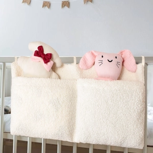 Teddy fleece baby bedside storage bag with dual pockets for diaper and bottle nursery