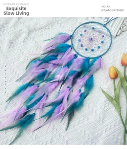 Detail of dreamcatcher with peacock blue and lavender feathers on white knit background