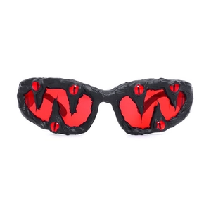 Detail of gothic monster sunglasses with red lenses and unique black eyeball relief frame