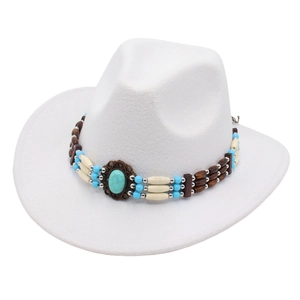 White western cowboy felt hat with ethnic turquoise beaded band and wide brim