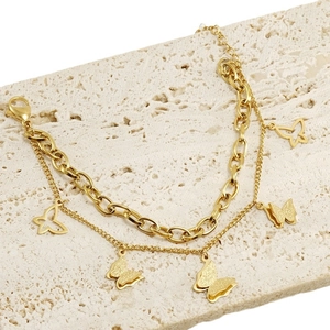 Double-layer 18K gold plated stainless steel bracelet with butterfly charms on stone