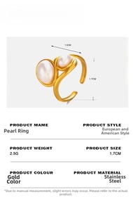Detail of adjustable gold stainless steel ring featuring two white pearls and dimensions