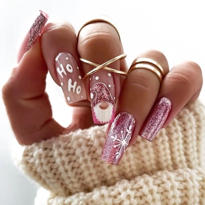 Christmas Press On Nails Long Coffin Pink Glitter Santa Gnome Snowflake False Nails Festive DIY Manicure For Women