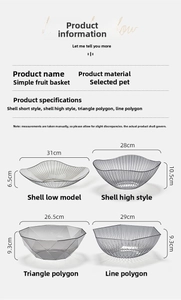 Detailed size specifications for PET crystal luxury fruit bowls in various geometric shapes