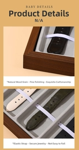 Detail showing high-quality black walnut wood texture and elastic straps for watch bands