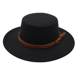 Women Flat Top Boater Hat Elegant Wide Brim Wool Felt Fedora Retro French Style With Decorative Band Metal Buckle