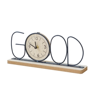 Modern black metal GOOD letter shaped desk clock with a natural wooden base and dial