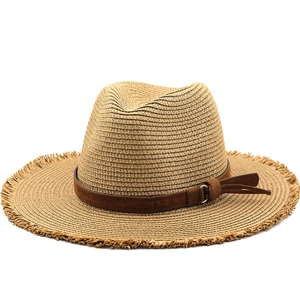 Wide Brim Fedora Strohhut Papier Sonnenschutz Fransenrand Sommer Strand Outdoor Unisex Mit Kunstlederband