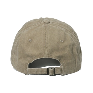 Detail of khaki washed cotton baseball cap with adjustable antique bronze metal buckle