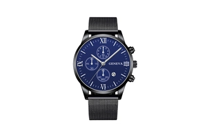 Close-up of Geneva men's watch with blue Roman numeral dial and black mesh strap