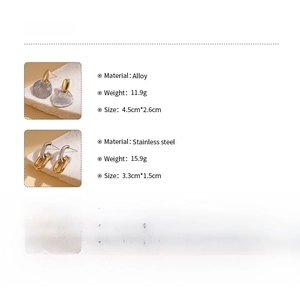 Detailed size and material chart for geometric oval shell earrings in alloy and steel