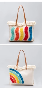 Dettaglio della borsa tote in tela beige con motivi a frange colorate e manici in cuoio