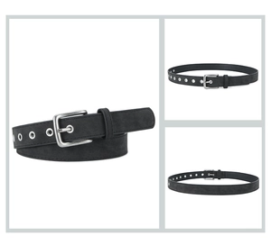 Detail of matte black PU leather belt featuring silver pin buckle and metal eyelets