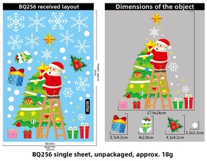 Detailed size specifications for Christmas window stickers with Santa and tree motifs