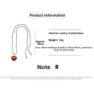 Detail of brown faux leather heart pendant necklace with dimensions and weight specs