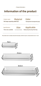 Detailed size chart for PET plastic serving trays in small, medium, and large sizes