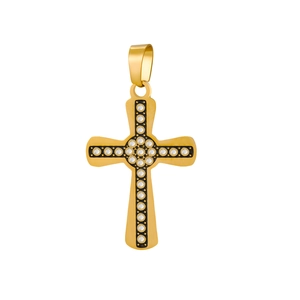 Makro-Detail des goldenen Kreuzanhängers mit Kristallen und schwarzem Emaille-Rand