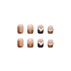Brown marble press-on nails with heart patterns and rhinestone accents on white background