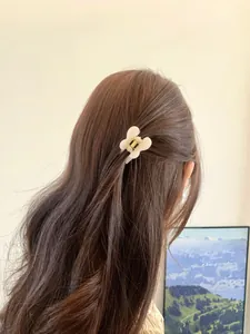 Détail d'une pince à cheveux papillon crème portée sur de longs cheveux bruns