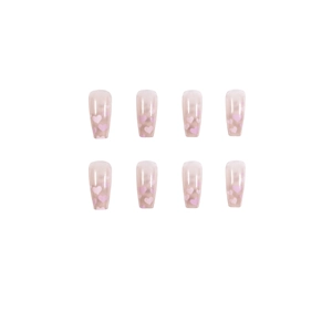 Sweet cream purple and pink heart press-on nails in long coffin shape on white background
