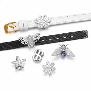White leather and mesh straps with bee and starfish zircon sliders jewelry set