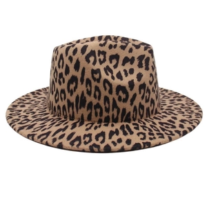 Macro shot of French leopard print wool felt fedora with a wide brim and classic texture