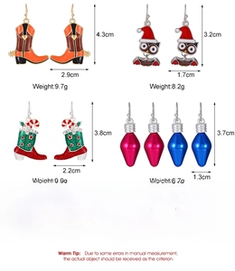 Detailed size chart for Christmas earrings featuring boots, owl, and light bulb designs