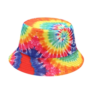 Close-up of rainbow tie-dye sun hat showing fine stitching and vibrant fabric details