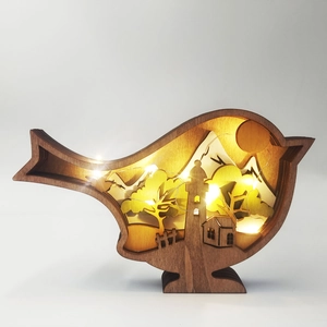 Luminous hollow wooden bird decoration with LED lighthouse scene and warm light