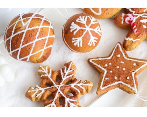 Macro view of gingerbread style Christmas ornaments with white icing on faux snow