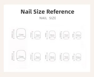 Detailed size guide chart showing width and length in mm for press-on nails