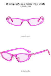 Detail view of retro cat eye sunglasses with transparent purple frames and pink lenses