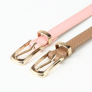 Pink and light brown thin PU leather belts with stylish golden alloy pin buckles