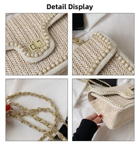 Detailed views of woven straw bag featuring pearl trim, gold twist lock and chain strap