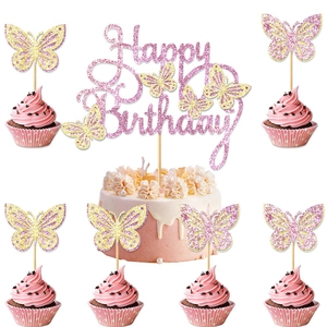 Pink and gold glitter 3D butterfly cupcake toppers and Happy Birthday cake set