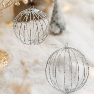 Hollow silver glitter Christmas ball ornament with hanging string for festive tree decor