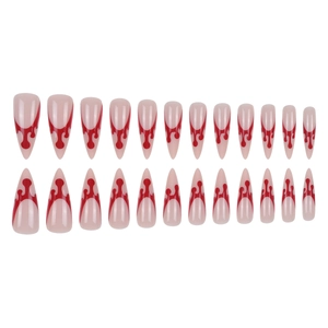 Long almond fake nails with light pink base and red blood drip design, 24 piece set