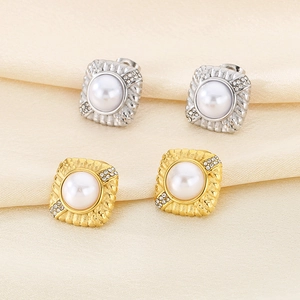 French style pearl stainless steel earrings in gold and silver finish with rhinestones
