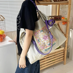 Waterproof nylon shoulder tote bag with bohemian embroidery and braided purple straps